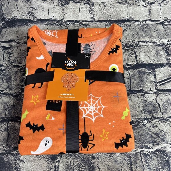 Hyde & Eek Men's 2XL XXL Orange 2-Pc Halloween PJ Set bat Candy Spider Boo - Picture 1 of 9